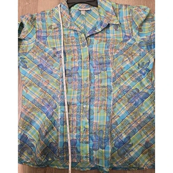 Hollywood Women’s Sheer Button Up Blouse Blue Green Floral Plaid Short Sleeve – - Picture 11 of 12